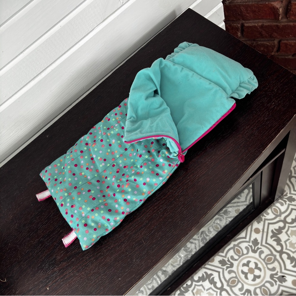 18”Doll Sleeping Bag/Pillow Set Teal Polka Dot Pink Trim Fits My Life As, OG, AG